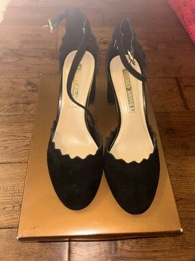 Audrey Brooke Black Scalloped Ankle-Strap Block Heels